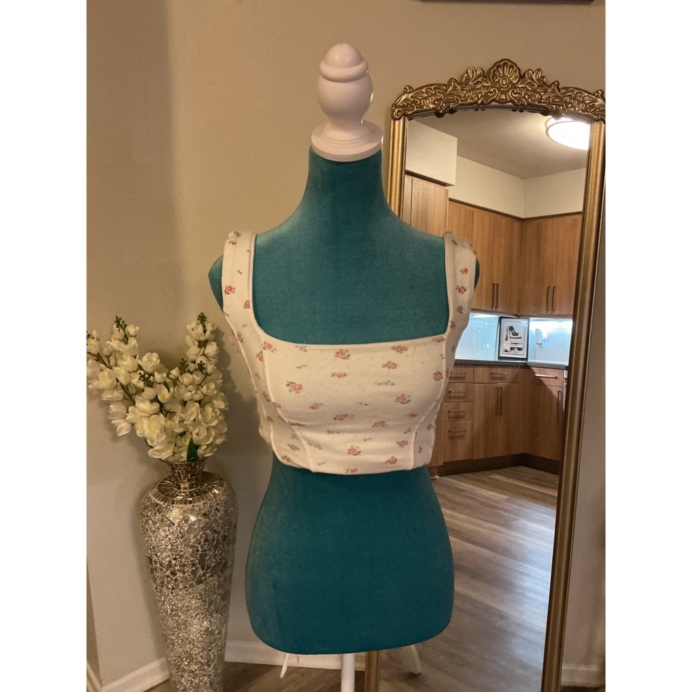 Floral Square Neck Corset Style Crop Top White Pink Rosebud Cottagecore Shirt - Picture 4 of 8